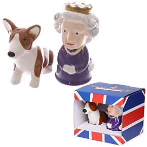 Set de Salero y Pimentero Reina de Inglaterra y Perro Corgi