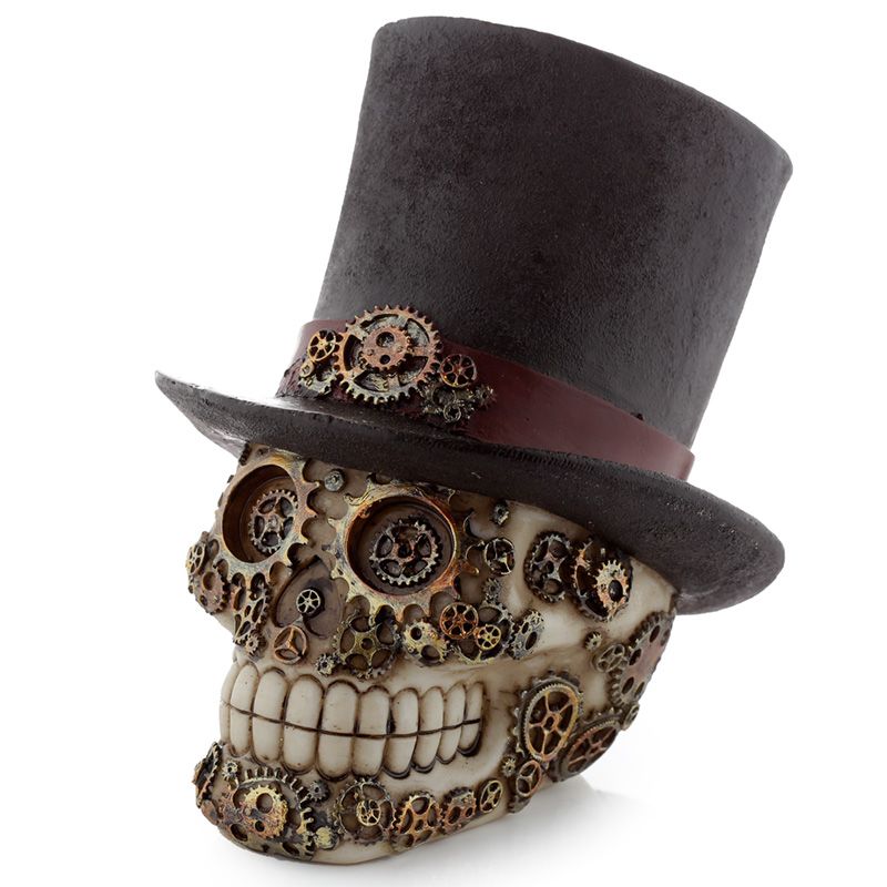 Figura Calavera Calavera Decorativa Estilo Steampunk con Sombrero de Copa